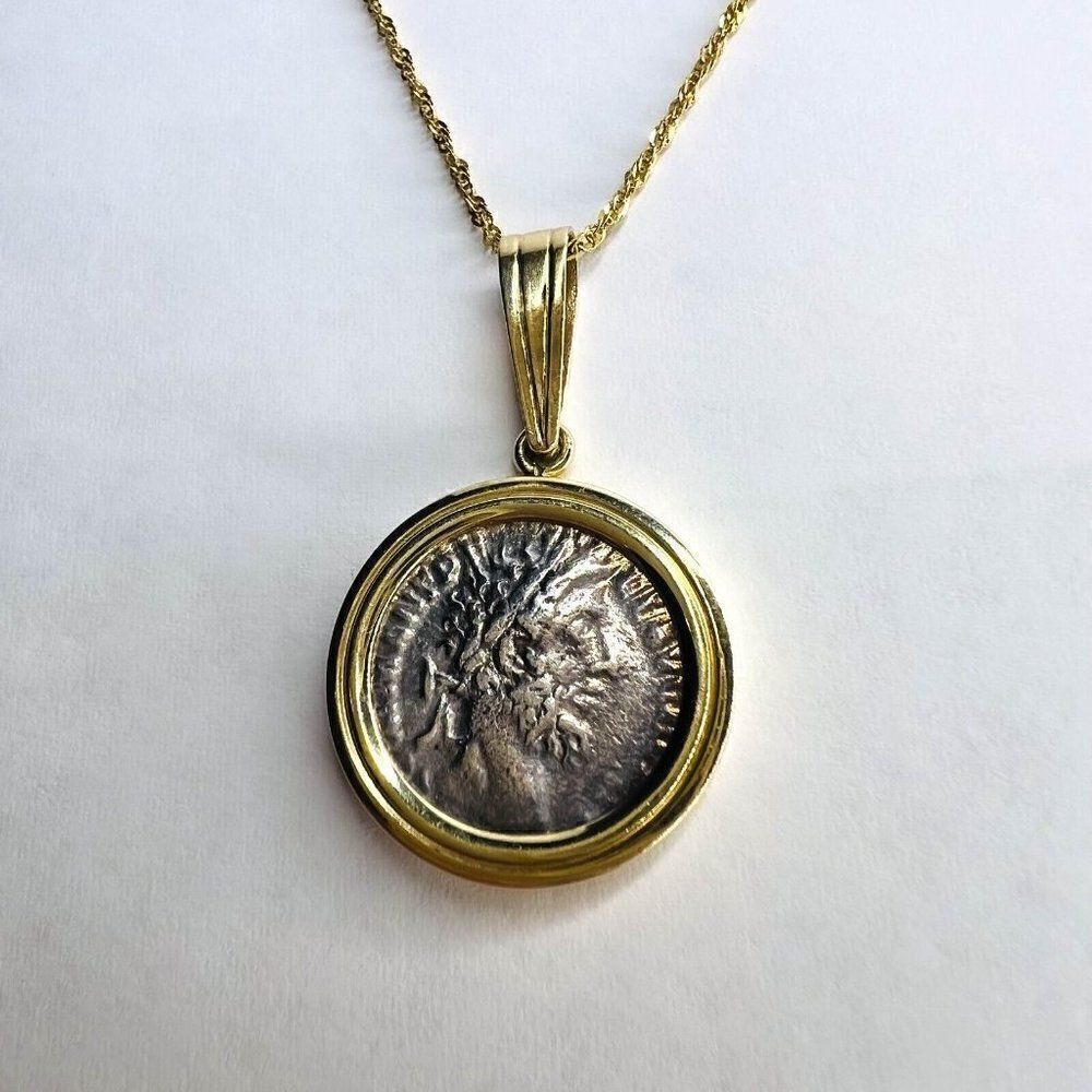 14k Gold Ancient Coin Necklace 18" Silver Roman Emperor Commodus 177-192 AD 5.7g - Picture 5 of 16